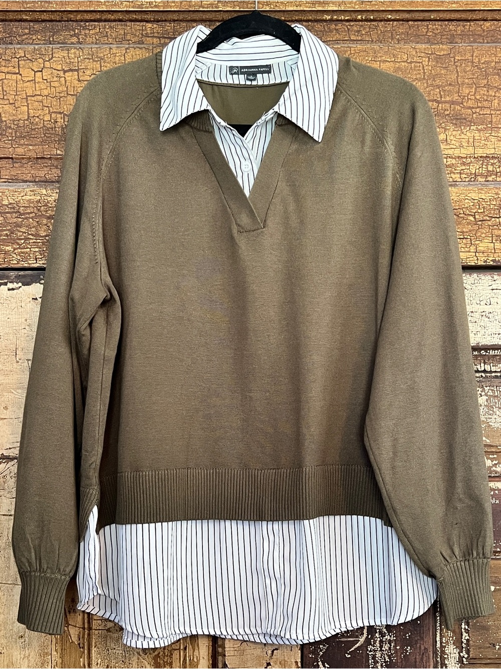 Adrianna Papell Olive Layered V‑Neck Sweater Blouse with Striped Shirt